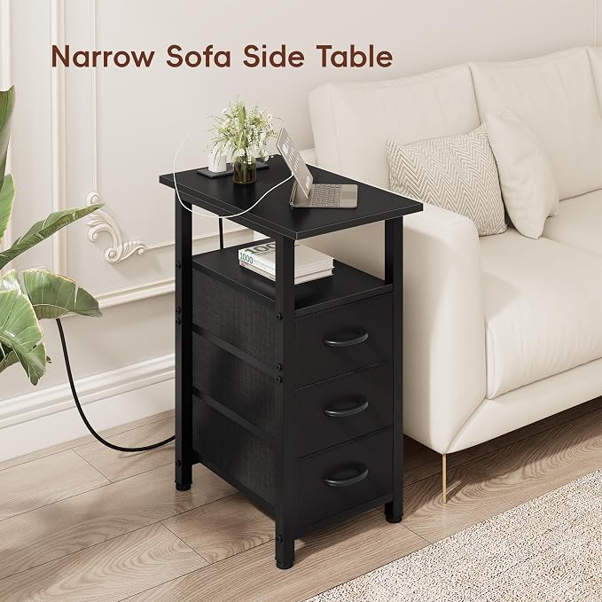 Vagusicc Black End Table with Charging Station Set of 2, Narrow Side Table, Narrow Nightstand with 3 Fabric Drawers, Slim Sofa Side Table for Small Spaces, Small Night Stand for Bedroom, Black