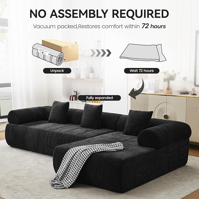 119'' Curved Boneless Sofa Couch, 3 Seat Cloud L Shaped Deep Seat Couches for Living Room, No Assembly Modular Sofa with Right Chaise Lounge, Black