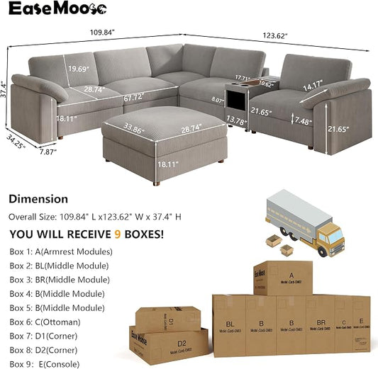 EASE MOOSE Oversized Sectional Modular Sofa, Extra Large v Shape Sectional Couch Wide Deep Seat Modular Cloud Couch,Removable Cover,Grey Couch