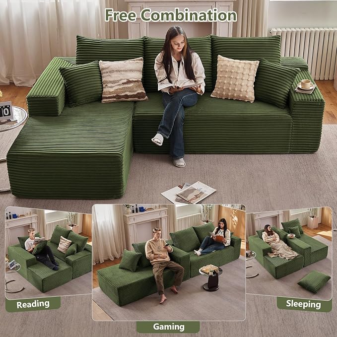 107" Cloud Sectional Couch with L-Shape Chaise, Modern Modular Comfy Sofa with Deep Seat, Upholstered Corduroy Couches Sleeper Chaise Longue for Living Room Bedroom, No Assembly Required, Green