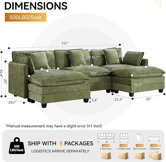 111'' Sectional Cloud Deep Seat Couch, Oversized Chenille U Shaped Sectional Sofa for Living Room Set, Comfy Upholstered Modular 3-Seats Sectional Sofa Couch with 2 Movable Ottoman, Green