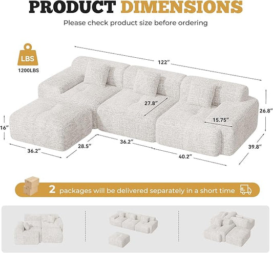 122" Modern L Shaped Modular Sectional Sofa, Boneless Couches for Living Room with Ottoman,4 Seater Convertible Chenille Cloud Couch Sofa Set, No Assembly Required, Beige 1 PCS