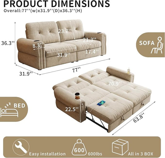 Convertible Couches, Queen Size Pull Out Sofa Bed with USB Charging Port and Cup Holders, Plannelette Fabric Convertible Sofa Bed for Small Space, Living Room, Apartment, Guest Room, Beige