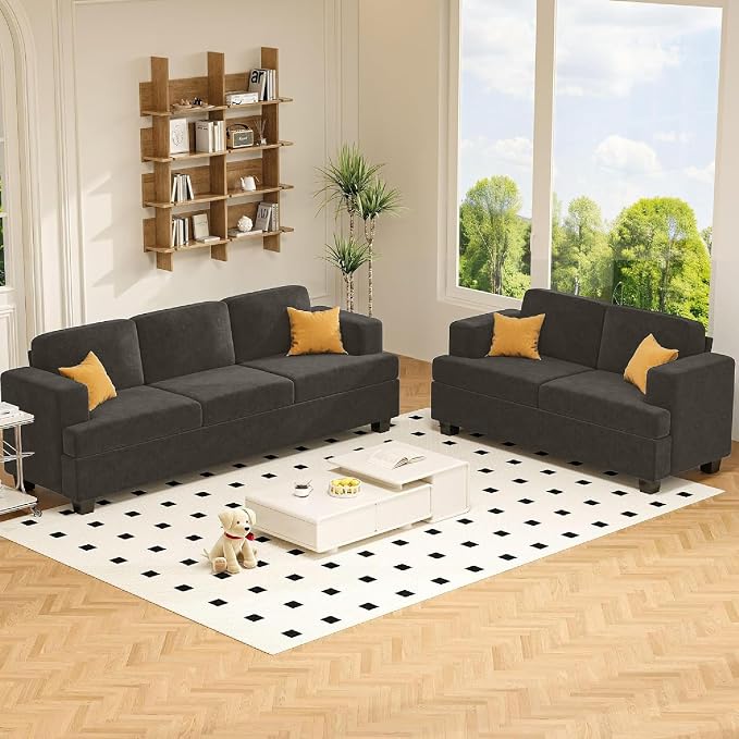 Apicizon Loveseat & 3 Seater Sofa Sets, 89" Couch Sofa Set for Living Room Furniture Sets, 2 Piece Deep Seat Sleeper Sofa, Couch and Loveseat Sets for Apartment, Dark Grey Chenille