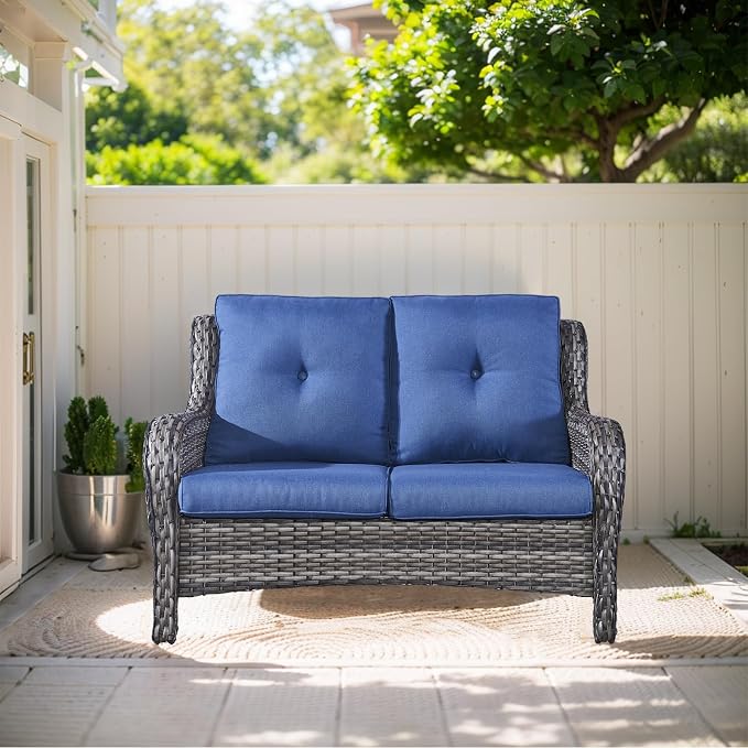 Outdoor Loveseat Sofa-2 Seater Rattan Wicker Patio Couch High Back Patio Sofa for Porch Deck Backyard-Grey/Blue