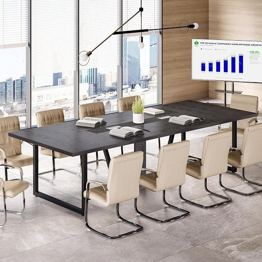 LITTLE TREE 8FT Conference Table for 10 People, Large Meeting Table, Modern Wooden Conference Room Table with Cable Management, Business Training Table with Strong Metal Legs for Office, Black