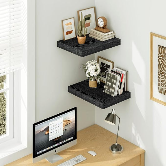 Vivelove Black Floating Shelves 16 Inches Wide, 12" Deep Wall Shelves for Bedroom, Bathroom, Living Room, Kitchen, Office, Rustic Home Decor Shelf with Invisible Brackets, 15.7X12X1.5, Set of 2