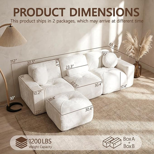 112" Modular Sectional Cloud Couch, L Shaped Sofa Boneless Couches with Movable Ottoman, 3 Deep Seat Modern Comfy Velvet Sofa for Living Room, Bedroom, Apartment (Beige)