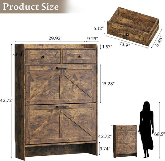 BORNOON Shoe Storage Cabinet for Entryway, Farmhouse Narrow Shoe Cabinet with 2 Flip Drawers & Top Drawers, Adjustable Shelves & Hooks, Freestanding Hidden Rack Organizer for Hallway, Foyer