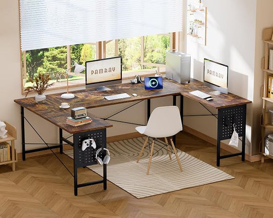 Pamray 71 Inch Large Computer Desk with Power Outlets,U Shaped Corner Desk for Home Office Work and Gaming Vintage