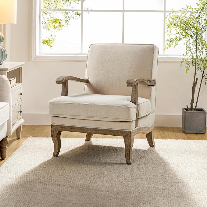 HULALA HOME Mid-Century Modern Accent Chair, Upholstered Lounge Arm Chair with Solid Wood Legs and Armrest, Removable Cushion Comfy Retro Reading Armchair for Living Room, Bedroom, Balcony, Linen