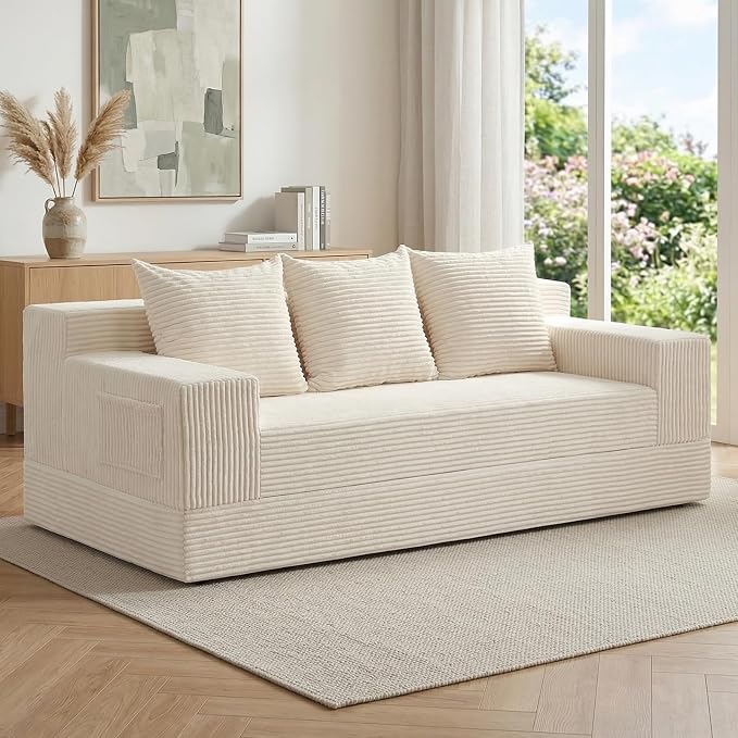 cidludto Convertible Sofa Bed, 78" Oversized Boneless Loveseat Couch 2 in 1 Foldable Futn Bed Couch in A Box, Folding Sofa Chair for Living Room, No Assembly Required, Beige