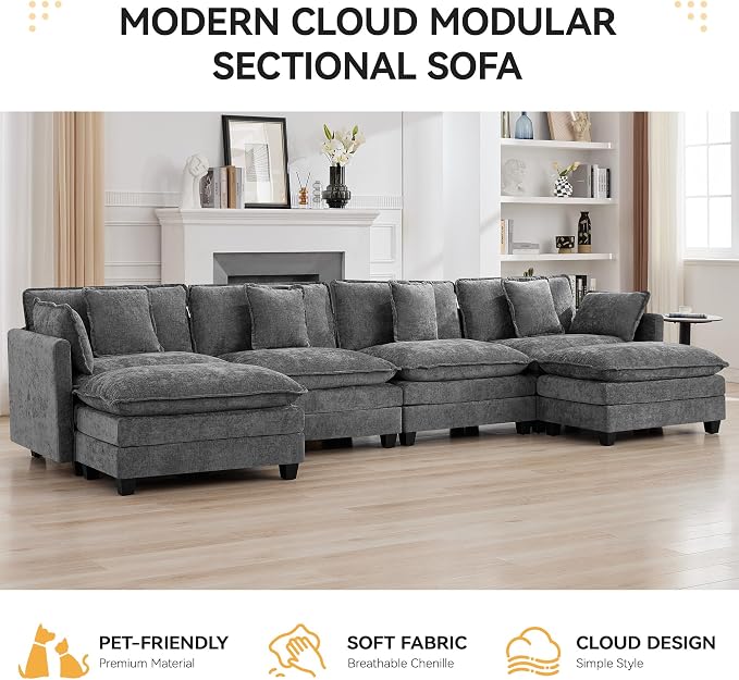 147'' Sectional Cloud Deep Seat Couch, Oversized Chenille U Shaped Sectional Sofa for Living Room Set, Comfy Upholstered Modular Sectional Sofa Couch with 2 Movable Ottoman, Grey