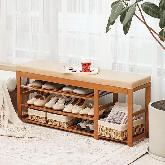 PETKABOO 47.2 in Shoe Rack Bench with Cushion, 3 Tier Bamboo Entryway Bench with Storage for Entryway, Hallway, Bedroom, Living Room
