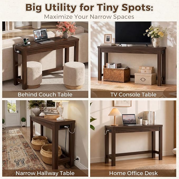 Cyclysio 47" Console Table with Charging Station, 13.8" Deep Farmhouse Sofa Table Behind Couch with 2 AC Outlets & 3 USB Ports, Entryway TV Console or Compact Home Office Desk, Black Walnut