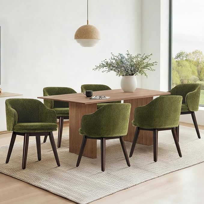 KISLOT Wooden Dining Chairs Set of 4, Fabric Upholstered Modern Dining Room Chairs with Barrel Backrest & Double-Layer Thick Cushion for Living Room, Restaurant, Kitchen and Café, Green, 2 Boxs
