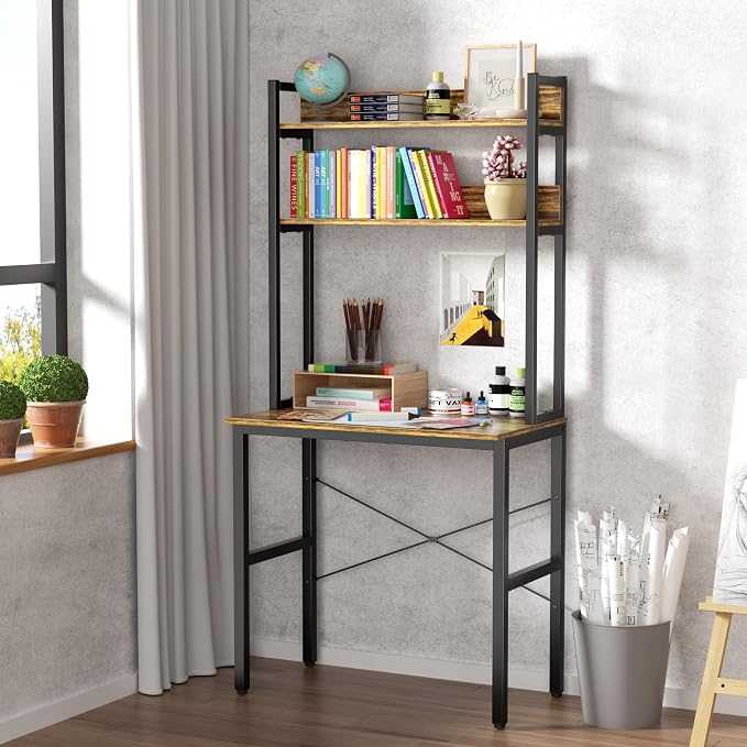 Aquzee 31 Inch Desk Hutch, Teen Desk with Shelves, Study Desks with Storage, Computer Desks for Small Spaces, Kids, Student, Space Saving, Easy Assemble, Rustic Brown