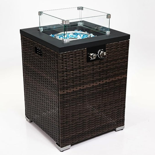 GDFStudio 22" Outdoor Propane Gas Fire Pit Table, 40,000 BTU Square Patio Heater with Wicker Base, Glass Wind Guard & Rain Cover, Small Outdoor Firepit for Garden Deck Backyard, Dark Brown