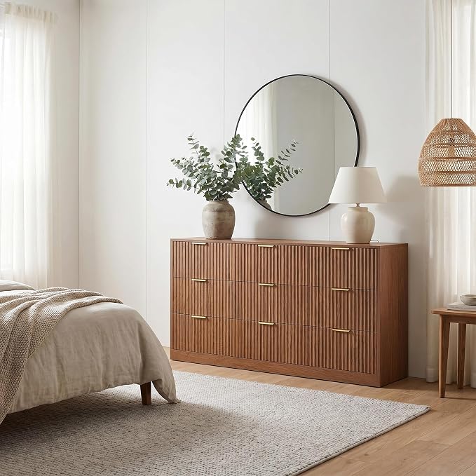 9 Drawer Dresser for Bedroom, 63" Wide Modern Fluted Chest of Drawers, Wooden Dresser with Gold Metal Handles, Mid Century Large Dresser TV Stand for Living Room Hallway Light Walnut