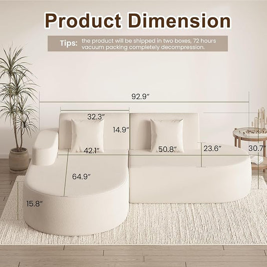 MELLCOM Modern Curved Boneless Sofa Couch, L-Shaped Corner Sofa, No Assembly Needed, Chenille Upholstered Cloud Sectional Couch for Living Room, Bedroom and Apartment (Beige, Left Hand Facing)