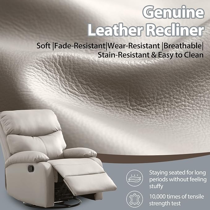 Genuine Leather Rocker Recliner Modern Manual Swivel Glider Recliner with Adjustable Backrest & Footrest Wall Hugger Swivel Rocking Recliner Chair for Modern Living Room and RV Beige