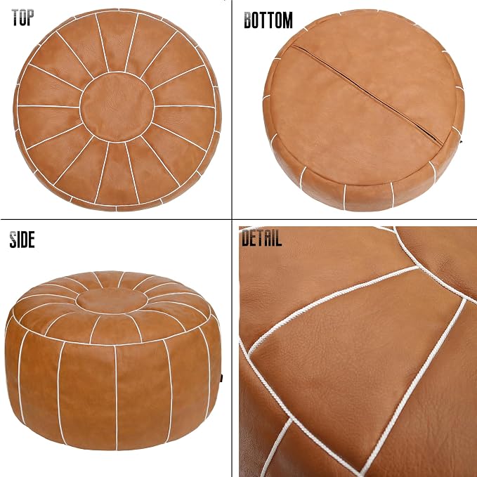 Thgonwid Unstuffed Moroccan Storage Pouf Foot Stool Ottoman Seat, No Filler Included, Handmade Faux Leather Bean Bag Floor Chair Foot Rest for Living Room, Bedroom or Balcony, Brown