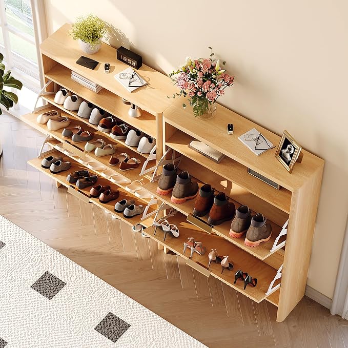 VINGLI Slim Shoe Cabinet with Curved Edges, Modern Hidden Shoe Storage Organizer with 2 Flip Drawers & Open Shelf, Narrow Wood Shoe Cupboard with Fluted Panel & Anti-Tip Kit for Entryway, Oak