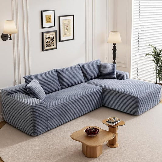 95" L Shaped Boneless Sectional Couches, Wide Armrest, Deep Seat, Memory Foam, Assembly Free, Modern Comfy Corduroy Fluffy Cloud Sofa with Right Chaise for Living Room, Small Spaces, Grey
