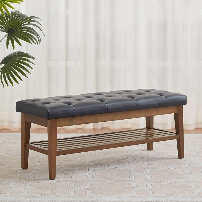 HUIMO Entryway Shoe Leather Bench, End of Bed Bench,PU Button-Tufted Indoor Bench,Ottoman Bench for Living Room, Padded Bench with Solid Wood Shelf,Kitchen Leather Seat Dining,Black