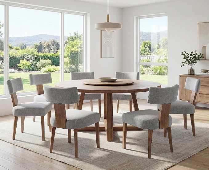 RIVOVA Mid Century Modern Dining Chairs Set of 2 Farmhouse Linen Fabric Upholstered Dining Room Chairs Kitchen Chairs with Curved Backrest Wood Legs, Grey