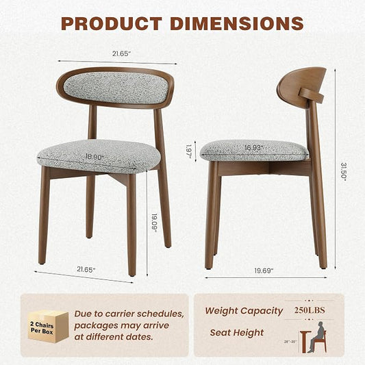 Wooden Dining Chairs Set of 2, Modern Fabric Upholstered Dining Room Chair, Kitchen Side Chairs, Farmhouse Dinner Chair with Curved Back for Kitchen, Lightgrey