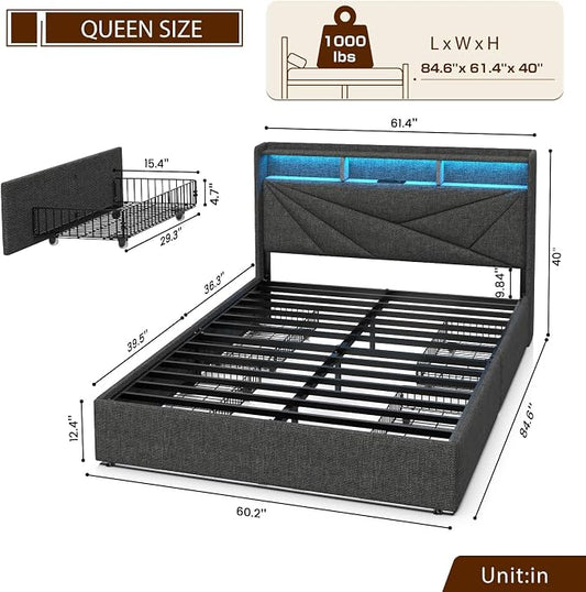 Driftalia LED Queen Bed Frame with 4 Storage Drawers, Upholstered Bed Frame Queen Size with 2-Tier Headboard and Charging Station, No Box Spring Needed, Easy to Assembly - Dark Grey