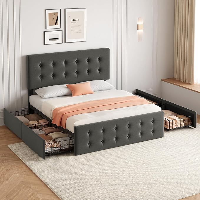 IDEALHOUSE Full Size Bed Frame with 4 Storage Drawers and Headboard, Linen Upholstered Platform Bed Frame with Wooden Slats Support, Button Tufted Design, No Box Spring Needed, Light Grey