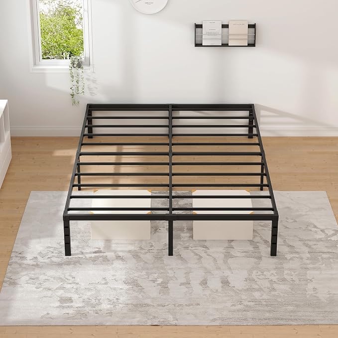 NEW JETO Metal Bed Frame,Queen Size Bed Frame with Storage Space,Heavy Duty Sturdy Mattress Foundation,Easy Assembly,No Box Spring Needed, Black,18 Inch,Queen