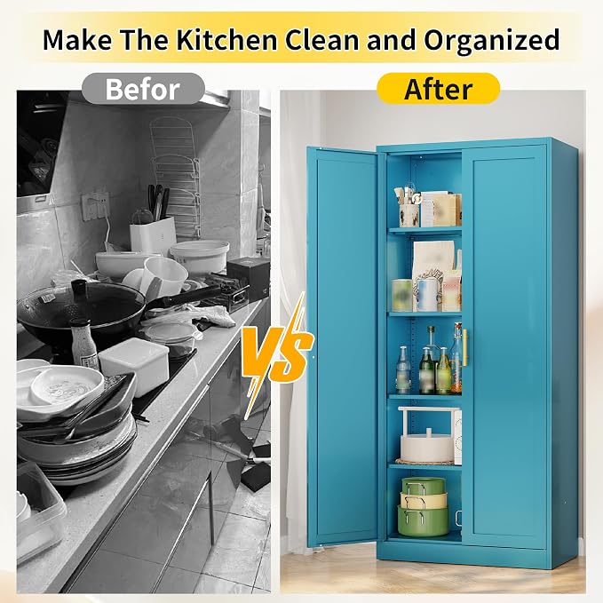 Metal Pantry Cabinet, 71"H x 28"W x 14"D Pantry Cabinets with 2 Doors and 4 Adjustable Shelves, Kitchen Pantry Storage Cabinets, Metal Storage Cabinet for Kitchen, Dining Room, Living Room-Blue