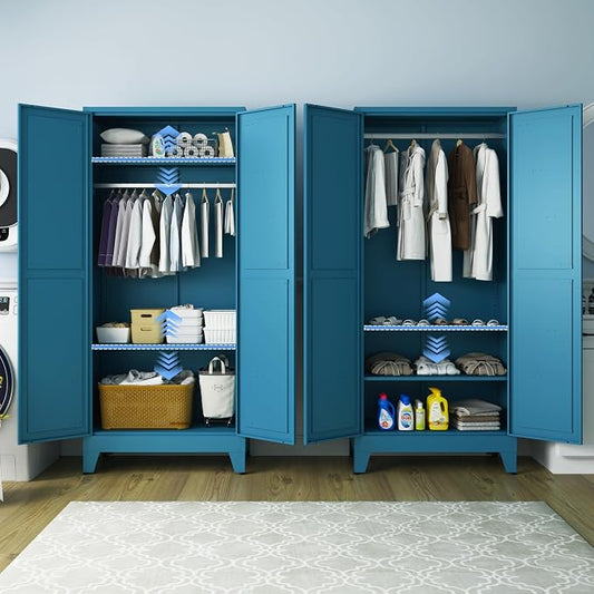 71" H Wardrobe Closet with Doors, Metal Wardrobe Cabinet with 2 Doors and 2 Adjustable Shelves, Armoire Wardrobes Closet with Hanging Rod, Closets for Bedroom, Laundry Room, Blue