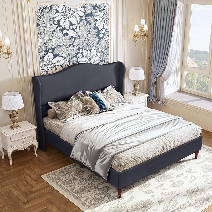koorlian Queen Upholstered Bed Frame with 51'' Tall Headboard, Dark Navy | Reinforced Platform Bed, Easy Assembly, Soft Fabric, Sleigh Wingback, Solid Wood Retro Legs, Noise-Free, Classic & Simple