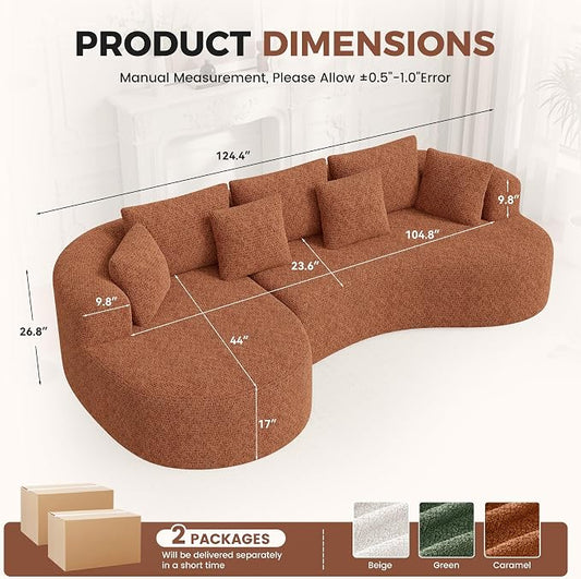 Luxanimarion 124" Curved Modular Sectional Sofa Oversized, L-Shape Boneless Couches for Living Room with Deep Seat and 7 Pillows, High-Density Memory Foam,Caramel Chenille Fabric, No Assembly Required