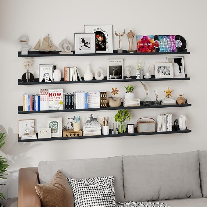 Axeman 72 Inch Floating Shelves | Black Picture Ledge Shelf Set of 4 | Rustic Wood Wall Shelves with Lip | 72" Black Picture Shelves for Wall with Ledge | Photo Shelves