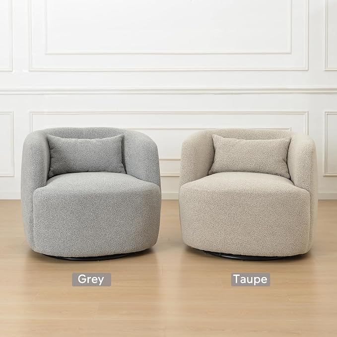 KINWELL 34" Wide Sherpa Swivel Barrel Chair, No Assembly Round Boucle Upholstered Accent Chair Armchair Single Sofa Chair with Toss Pillow for Living Room and Bedroom, Gray