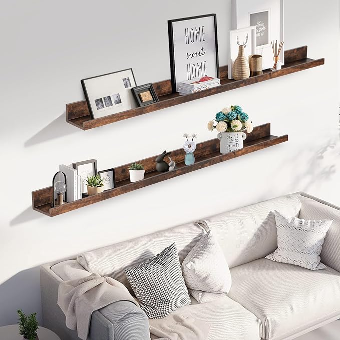 Muzilife 55" Large Floating Wall Ledge Shelves with Lip - Set of 2 Rustic Wood Floating Shelves - Walnut Brown Wall Mounted Picture Ledge for Office, Bathroom, Bedroom, Living Room, Kitchen