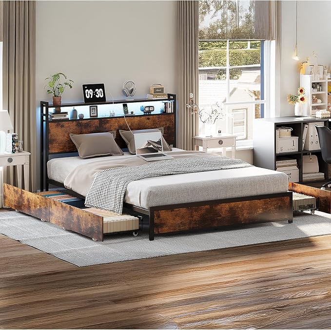 VINGLI Queen Bed Frame with 4 Storage Drawers and Headboard, Metal Platform Panel Bed with Charging Station and RGB LED Lights, No Box Spring Needed, Noise Free, Easy Assembly,Rustic Brown