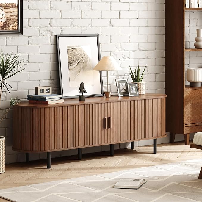 ONBRILL 70.8" TV Stand with Power Outlet for TVs up to 75 Inch, Entertainment Center with Storage and Adjustable Shelves, Modern Media Console with Sliding Doors for Living Room, Walnut