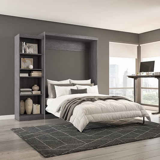 Bestar Pur Queen Murphy Bed with Shelving Unit, 90-inch Space-Saving Sleeping Arrangement for Multipurpose Room in Bark Grey