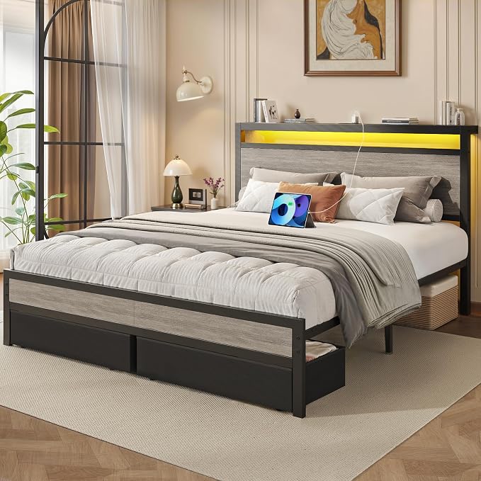 Fluest Queen Bed Frame,Queen Bed Frame with Storage Headboard & 2 Storage Drawer, Charging Station & LED Light, No Box Spring Needed, Noise Free, Easy Assembly, Rustic Grey