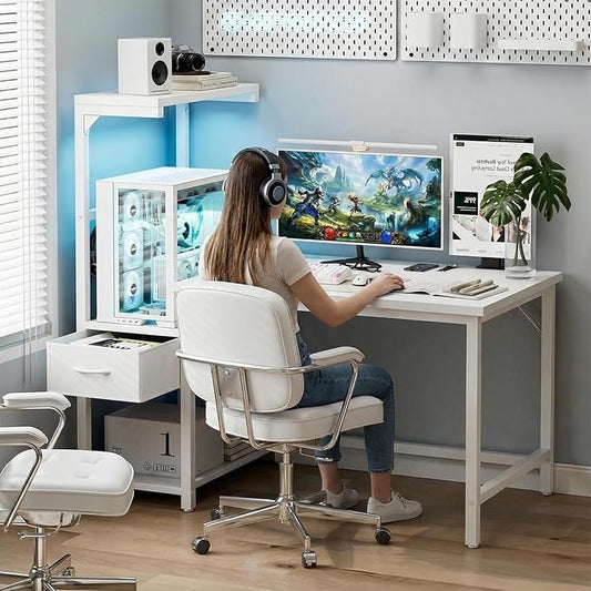 Grandder Gaming Desk 41 Inch with CPU Stand and LED Light, Computer Desk with Reversible Shelves and Storage Drawer, Pc Small Desk for Home Office Table with Bag, White
