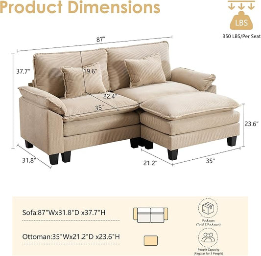 URRED Oversized Modular Sectional Sofa, 87" L Shaped Modern Comfy Cloud Couch with Movable Ottoman & Pillows, Deep Seat Couches for Living Room, Bedroom or Apartment (Corduroy Khaki, 87" L Shaped)