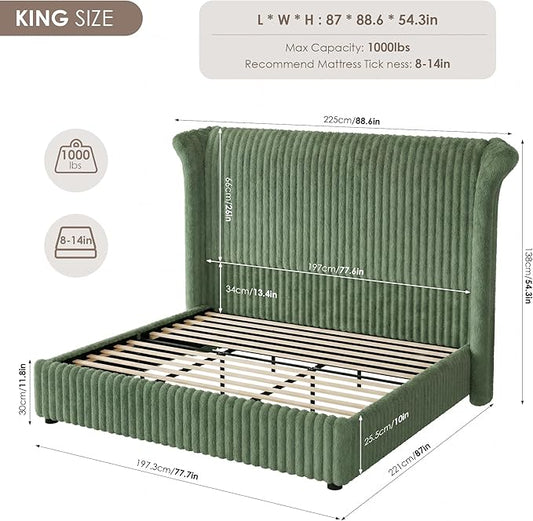 Keyluv King Bed Frame with 54.3” Tall Faux-Fur Wingback Headboard, Upholstered Platform Bed with LED Light, Mattress Foundation with Solid Wooden Slats Support, No Box Spring Needed, Noise-Free, Green