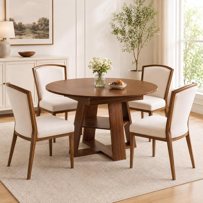 ClinQ 43-59in Extendable Round Dining Table for 4-6, Round to Oval Dining Room Table with Removable Leaves, Space Saving Dinner Table with Storage Shelf, Walnut