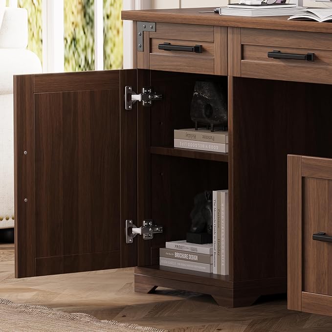 LUMISOL 55” Farmhouse Executive Desk with Charging Station and Power Outlet, Computer Desk with 5 Drawers and Cabinet, Rustic Wood Writing Study Table with File Drawer, Walnut
